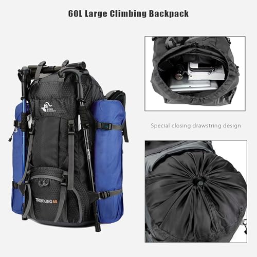 Bseash 60L Waterproof Hiking Backpack with Rain Cover – Black Large Daypack for Camping