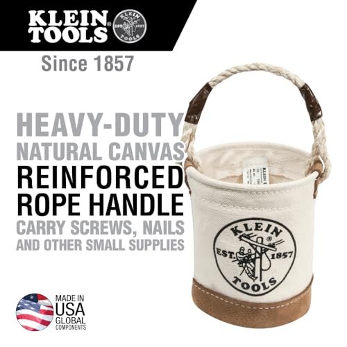 Klein Tools 5104MINI Mini Tool Bucket, All-Purpose Tool Bucket with Leather-Bottom, Nuts and Bolt Bag with Reinforced Rope Handle, Small Utility Pouch