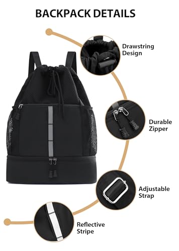 U-helper Drawstring Gym Backpack Black Sports Cinch Sack for Travel & Swimming