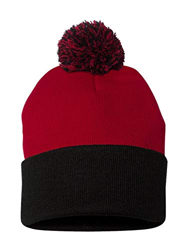 Pom Pom Knit Cap - Red/Black, One Size, 100% Acrylic