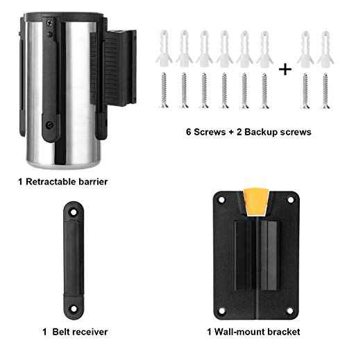 Wall Mounted Retractable Belt Barrier, Stainless Steel Rope Safety barriers with 6.5ft red Belt, Barking System Supported