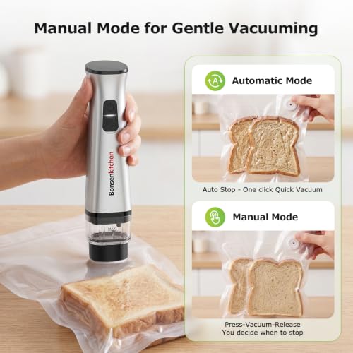 Bonsenkitchen Handheld Vacuum Sealer for Travel with 30 Reusable Bags - Silver