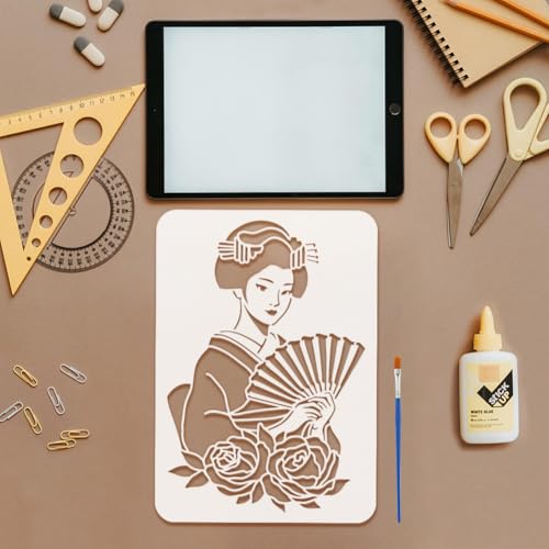 FINGERINSPIRE 6 PCS Geisha Swordsman Painting Stencil with 1 Pc Plastic Paint Brush 8.3x11.7inch Samurai Warrior Stencil Geisha Template Human Theme Template for Painting on Wall Wood Furniture