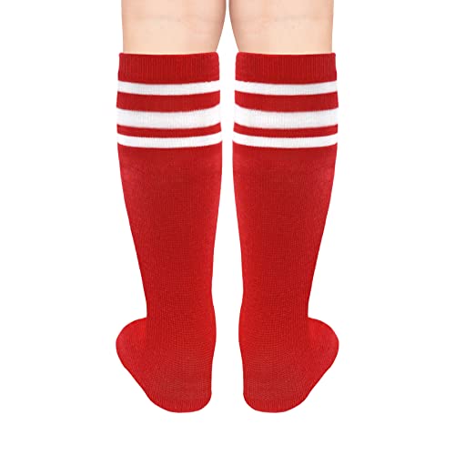 Toddler Soccer Socks - Knee High Striped Socks for Ages 3-6 - Red/White