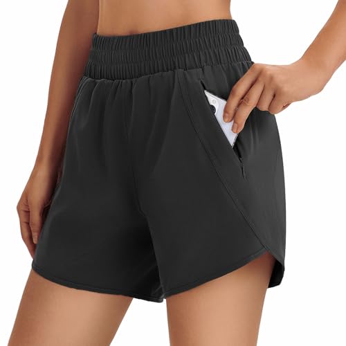 Hooxum Women's High Waist Running Shorts Large Black Quick Dry Athletic Gym Shorts with Zip Pocket