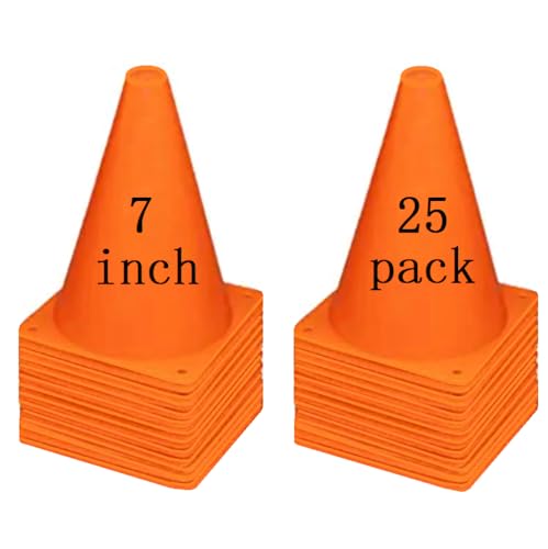 7 Inch Soccer Cones - 25 Pack Agility Training Set - Orange