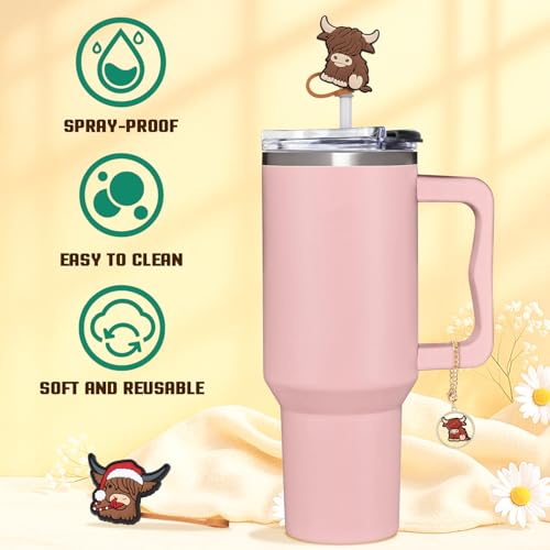 Highland Cow Straw Topper Set - 4 Silicone Covers & Keychain