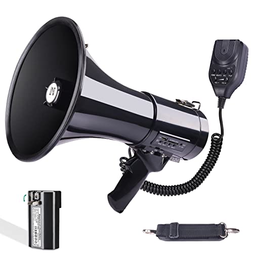 50W Bluetooth Megaphone Bullhorn Speaker - Rechargeable Battery, Siren & Recording - Black