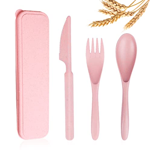 Reusable Travel Utensil Set with Case - Wheat Straw Portable Flatware - Pink