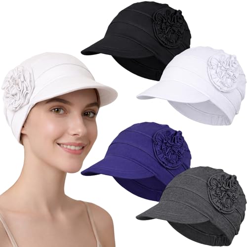 AIPESL 4 Pack Chemo Headwear for Women - Breathable Hair Loss Turbans in Black, Grey, White, Navy