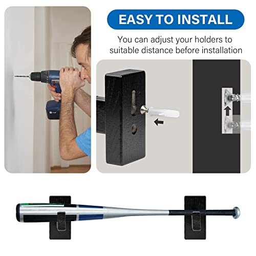 Baseball Bat Wall Mount - Horizontal Holder for Display - Black