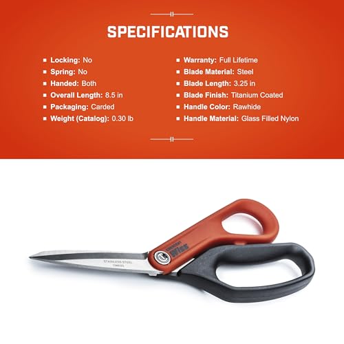 Crescent Wiss 8-1/2" Stainless Steel All Purpose Tradesman Shears - Industrial Heavy Duty Utility Shears/Scissors for Cutting Leather, Wire, Cardboard - CW812S