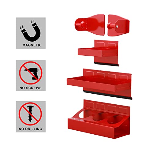 EMENTOL 4PCS Magnetic Tool Shelf Set, Tray, Paper Towel Holder, for Tool Organizer, Magnets Any Metal Surface, Red