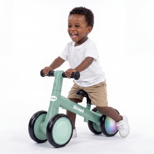 SKIDEE Phthalo Green Toddler Balance Bike with LED Light Wheels, Adjustable & 4-Wheel Stability