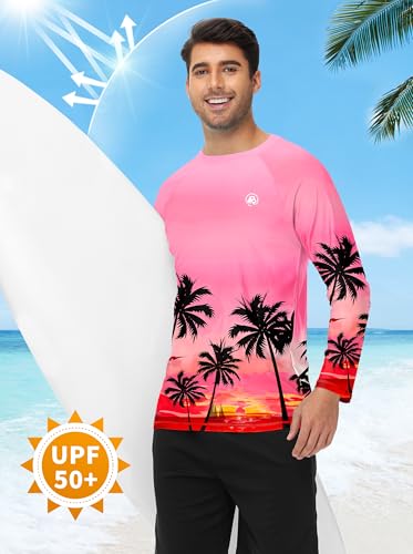 Mens Long Sleeve Swim Shirt - Quick Dry Sun Protection Rash Guard - X-Large Palm Pink