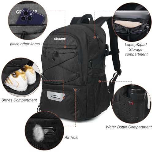 Grandup Basketball Backpack Black Honeycomb with Ball & Shoe Compartments, 28L Sports Bag