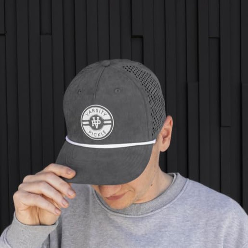 Varsity Pickle Pickleball Hat - Grey Suede Performance Rope Hat with Laser-Cut Paddles - Adjustable Fit - Pickleball Accessories