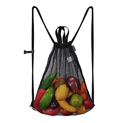 Large Ventilated Mesh Drawstring Bag for Gym Swimming & Beach - Black