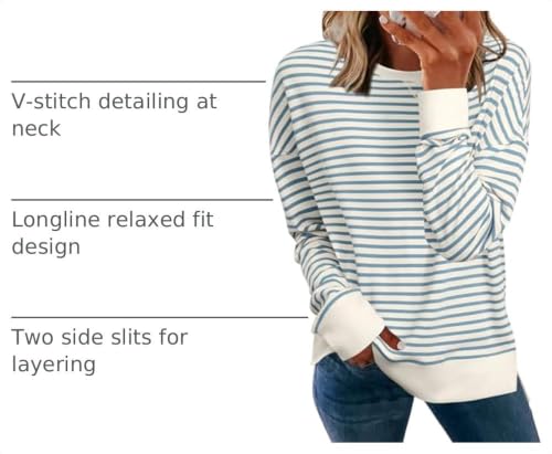 Simplee Women's Oversized Striped Sweatshirt Grey Blue Large Casual Crewneck Pullover