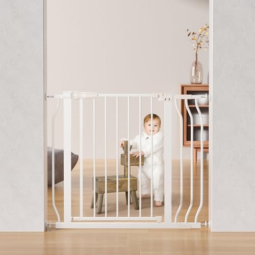 ELEVON Baby Gate for Stairs Doorways, Safety Pet Gate with Auto-Close/Hold-Open Features, Fits Openings 29.1¡± to 38.5¡±, 30¡± Tall, Easy Pressure Mounted Walk Through Baby Dog Gate, White