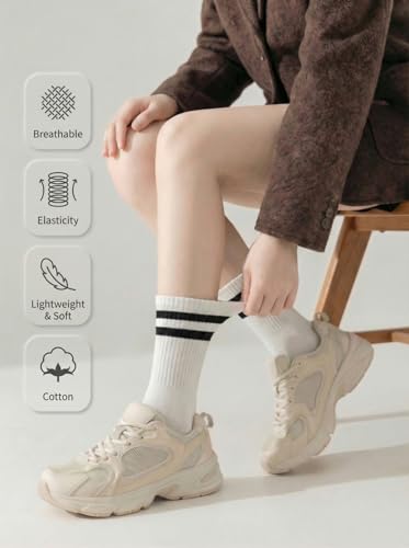Womens Striped Crew Socks - Cotton Cozy Athletic Casual - 4 Pairs Multicolor