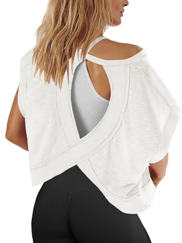 Open Back Workout Top for Women - Oversized Short Sleeve Crop Tee