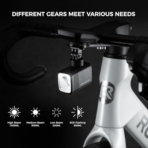 ROCKBROS 1000 Lumens Bike Headlight - USB-C Rechargeable Front Light, Black