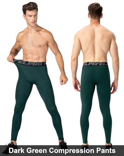 Men's Compression Pants - Cool Dry Sports Leggings with Phone Pocket - Dark Green, Small