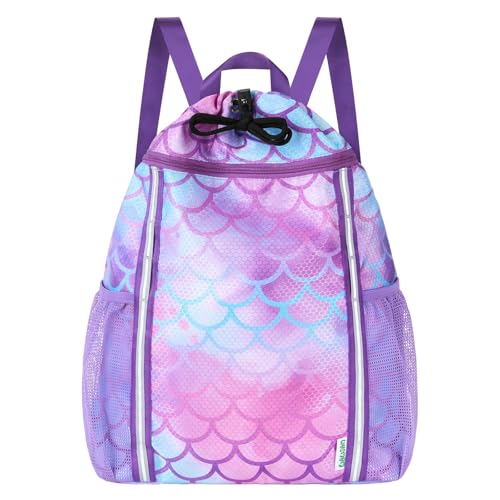 WAWSAM Mermaid Kids Drawstring Backpack with Bottle Pockets – Girls School & Travel Bag