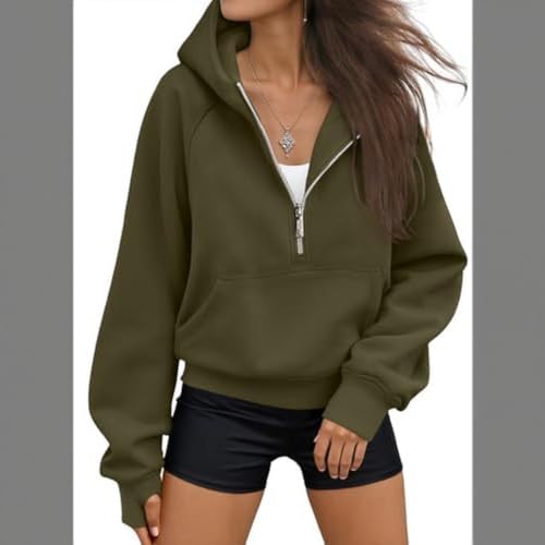 Cropped Half Zip Hoodie for Women - Long Sleeve Casual Sweatshirt with Pockets