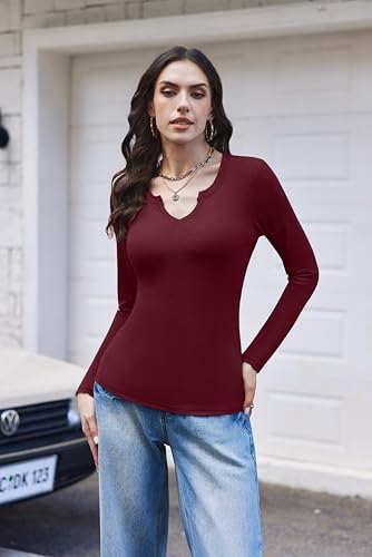 Women's Long Sleeve V Neck Slim Fit Casual Thermal Top - Burgundy Large