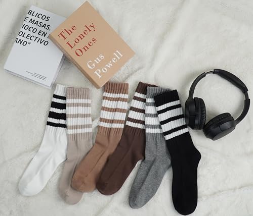 BomKinta 6 Pairs Striped Crew Socks Women Cotton Size 5-10 – Mix Color