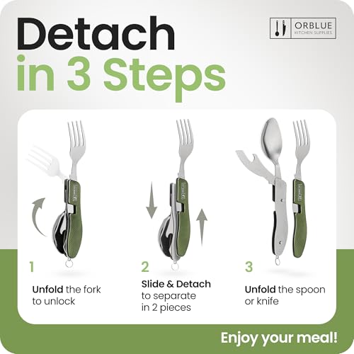 4-in-1 Camping Utensils Set - Portable Stainless Steel Cutlery, Olive Green