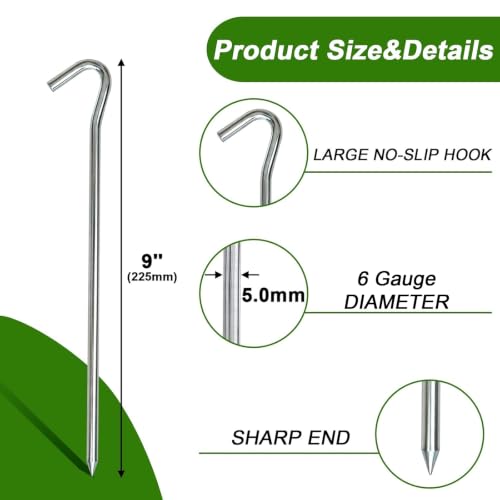 AAGUT 9-Inch Heavy Duty Galvanized Tent Stakes (8 Pcs) 5mm Hex Hook