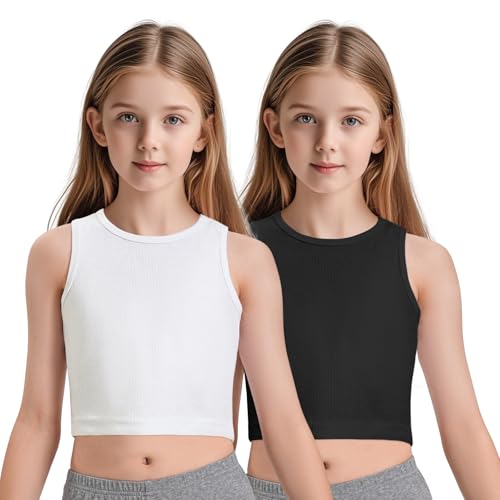 Girls Ribbed Knit Crop Tank Tops - 2 Pack, 5-6 Years, Black/White