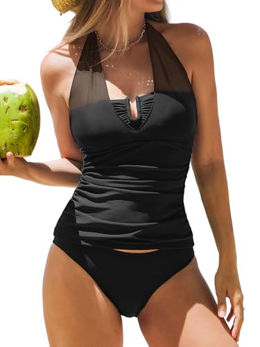 Cupshe Black Halter Mesh Tankini Set for Women - Large
