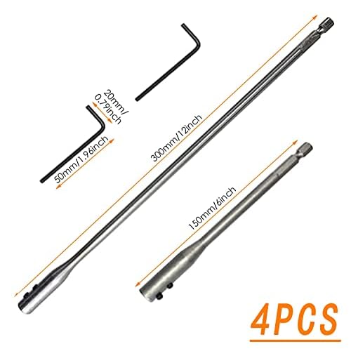 1/4 Drill Bit Extension Set 6" and 12" High-Carbon Steel Wood Spade Drill Bit Extender with 2 Pieces Key Spade Bit Extension Set for Wood Turners Furniture Carpentry and Construction(4PCS)