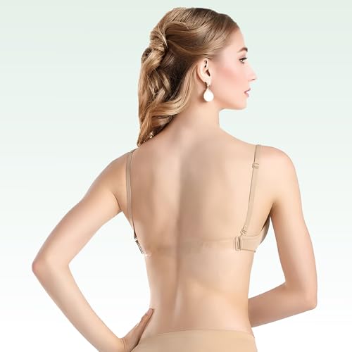 Women's Nude Dance Bra - Clear Strap, Backless, Beige, Size S