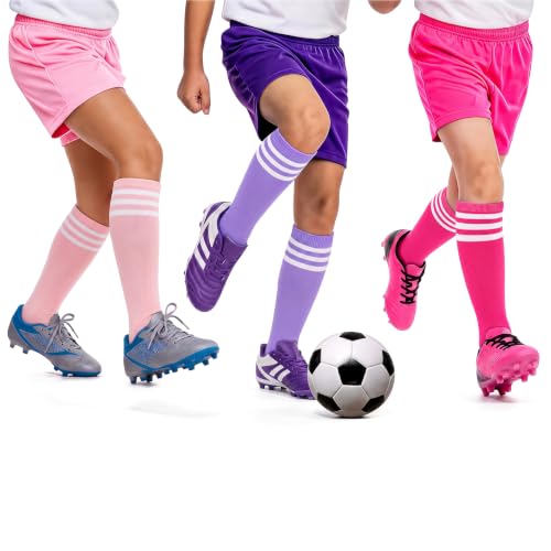 Kids Over Calf Soccer & Baseball Socks - 12-14 Years, Purple/Hot Pink/Pink