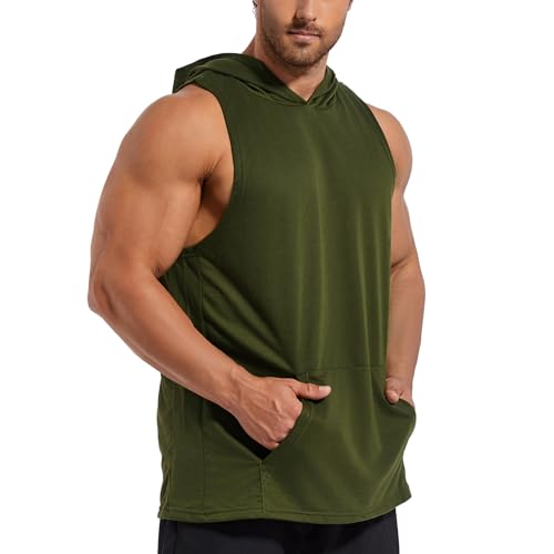Men's Sleeveless Muscle Tank Top - Workout, Dry-Fit, Pocket - Small Green