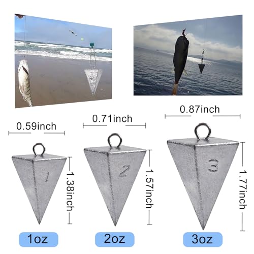 SIWIRIOM 2oz Pyramid Lead Sinkers Fishing Weights Pack with Universal Connectors - Saltwater & Surf Tackle Kit