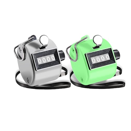 Hand Tally Counter - 4-Digit Metal Clicker - 2pc Silver & Green