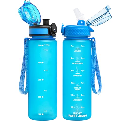 OLDLEY Kids Water Bottle 17 Oz with Blue Straw & Chug Lids, Leakproof BPA-Free Tritan