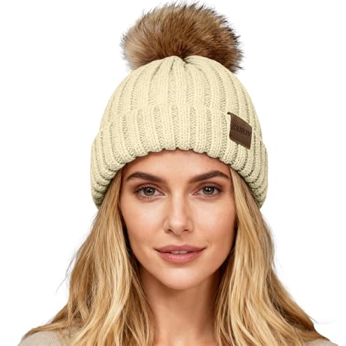 Women's Winter Knitted Beanie Hat with Faux Fur Pom - Beige
