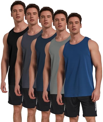 TELALEO 5 Pack Men's Workout Tank Tops Sleeveless Mesh Muscle Gym Fitness XX-Large Black/Gray/Charcoal/Navy/Blue