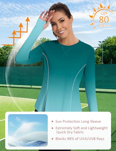 Avoogue Women's UPF 80+ UV Long Sleeve Workout Shirt with Thumb Holes Blue Green Gradient XL