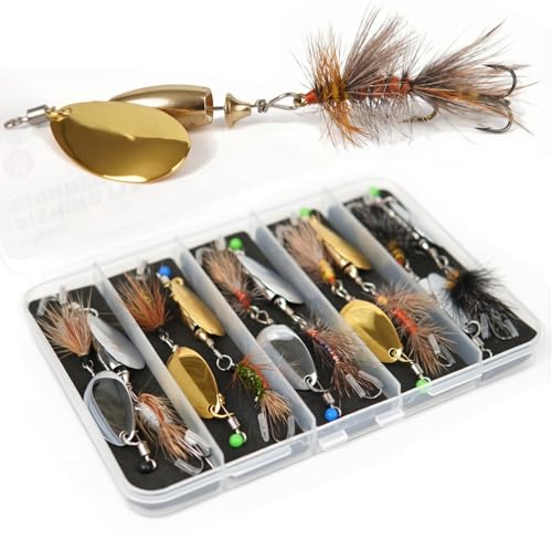 10 Pcs Trout Spinner Lures with Stimulator & Rooster Tail - Hand-Tied Fishing Baits for Bass Pike Salmon