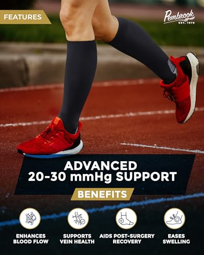 Large Black Pembrook 3 Pairs Compression Socks 20-30 mmHg for Running, Travel, Nurses