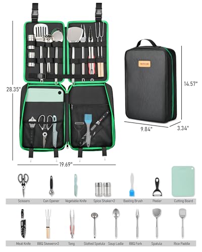 FANGSUN 16Pcs Green Camping Cooking Utensil Set Portable Kitchen Tools