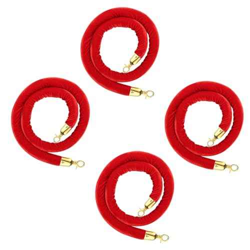 4pcs Velvet Stanchion Rope, 5 Feet Red Velvet Rope Crowd Control Barrier with Gold Plated Clasp for Carpet, Queue Safety Barriers for Party Decorations, Hotels, Theaters, Grand Openings